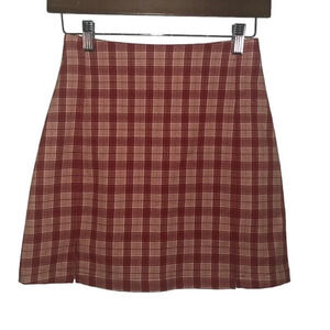 Brandy MELVILLE Sz XS Women's Red Rust White Plaid Academia Front Slit Skirt